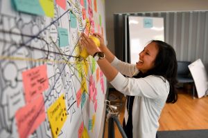 Carlotta attaches sticky notes to a wall