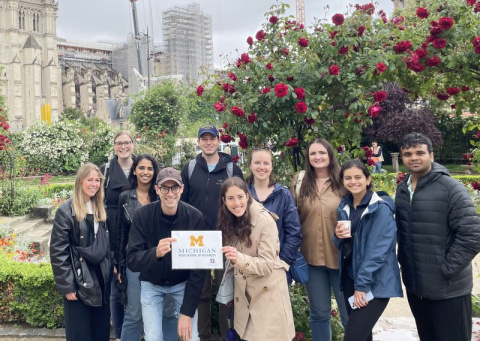 Students on a walking tour in Paris, France