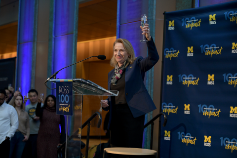 Sharon F. Matusik, Edward J. Frey Dean of Business, toasting Michigan Ross' 100 years of impact