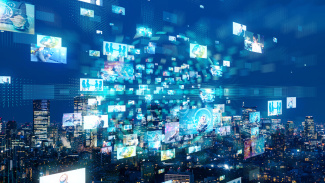 Photo illustration of social network over large city