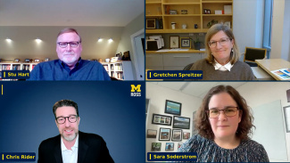 Webinar panel with (from top left in clockwise order) Stu Hart, Gretchen Spreitzer, Chris Rider, and Sara Soderstrom