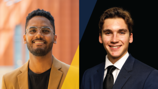 Header image with a photo of Wilder Wetzel-Righettini and Khalid Hamdan both Michigan Ross BBA students who went on a New York City Trek with Preparation Initiative. Both men are wearing suits and smiling. 