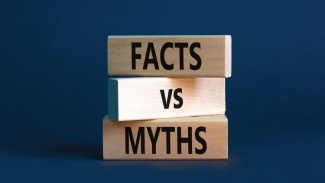 Stacked wood blocks reading "Facts vs. Myths" displayed against a dark blue background