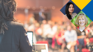 Headshots of professors Julia Lee Cunningham and Sue Ashford on a background of a woman presenting at a conference