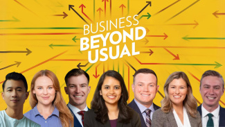 Several MBA students on a background of the BBU podcast logo. On this episode they discuss fun and culture at Michigan Ross