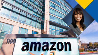 Professor Joline Uichanco with the background of the Amazon headquarters