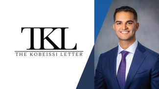 A man in a blue suit and blue and red tie smiles in a headshot photo placed alongside the logo for his company, the Kobeissi Letter