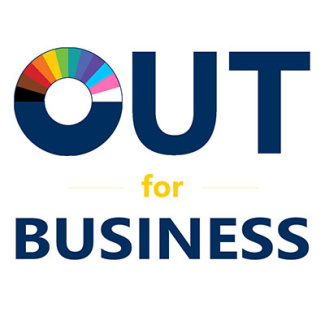 "Out for Business" with rainbow colors on the "o"