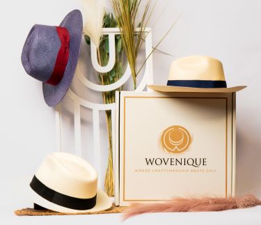 Three hats displayed on a box which reads Wovenique